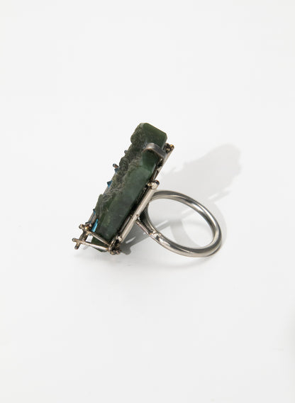 New Zealand Jade Pounamu, Swiss Blue Topaz and Stainless Steel Ring