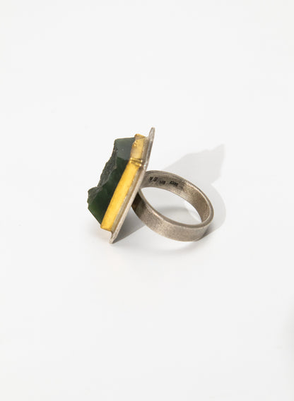 New Zealand Jade Pounamu, 24ct Gold and Sterling Silver Ring