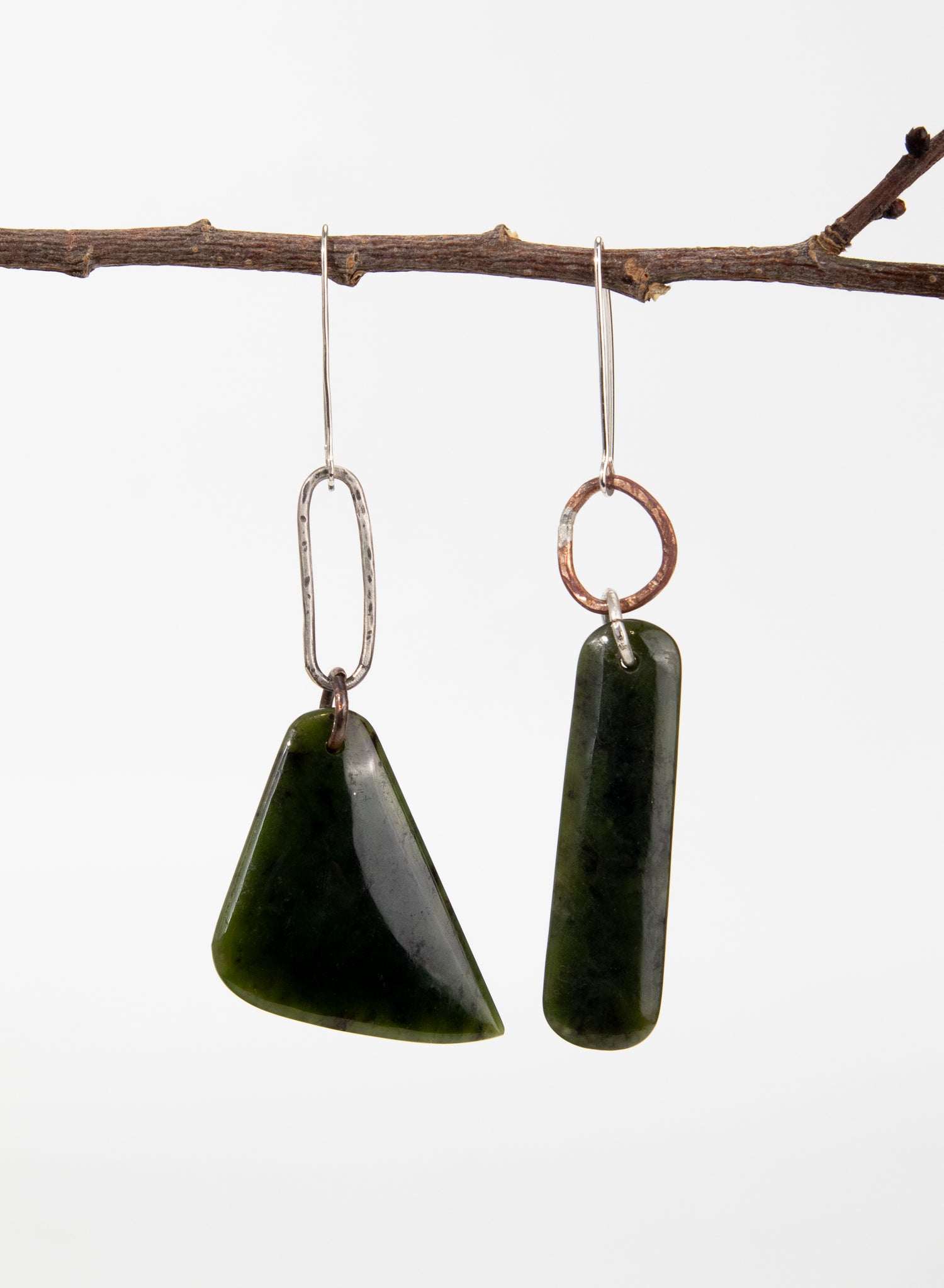 Pounamu Asymmetric Earrings - Sterling Silver &amp; Pounamu
