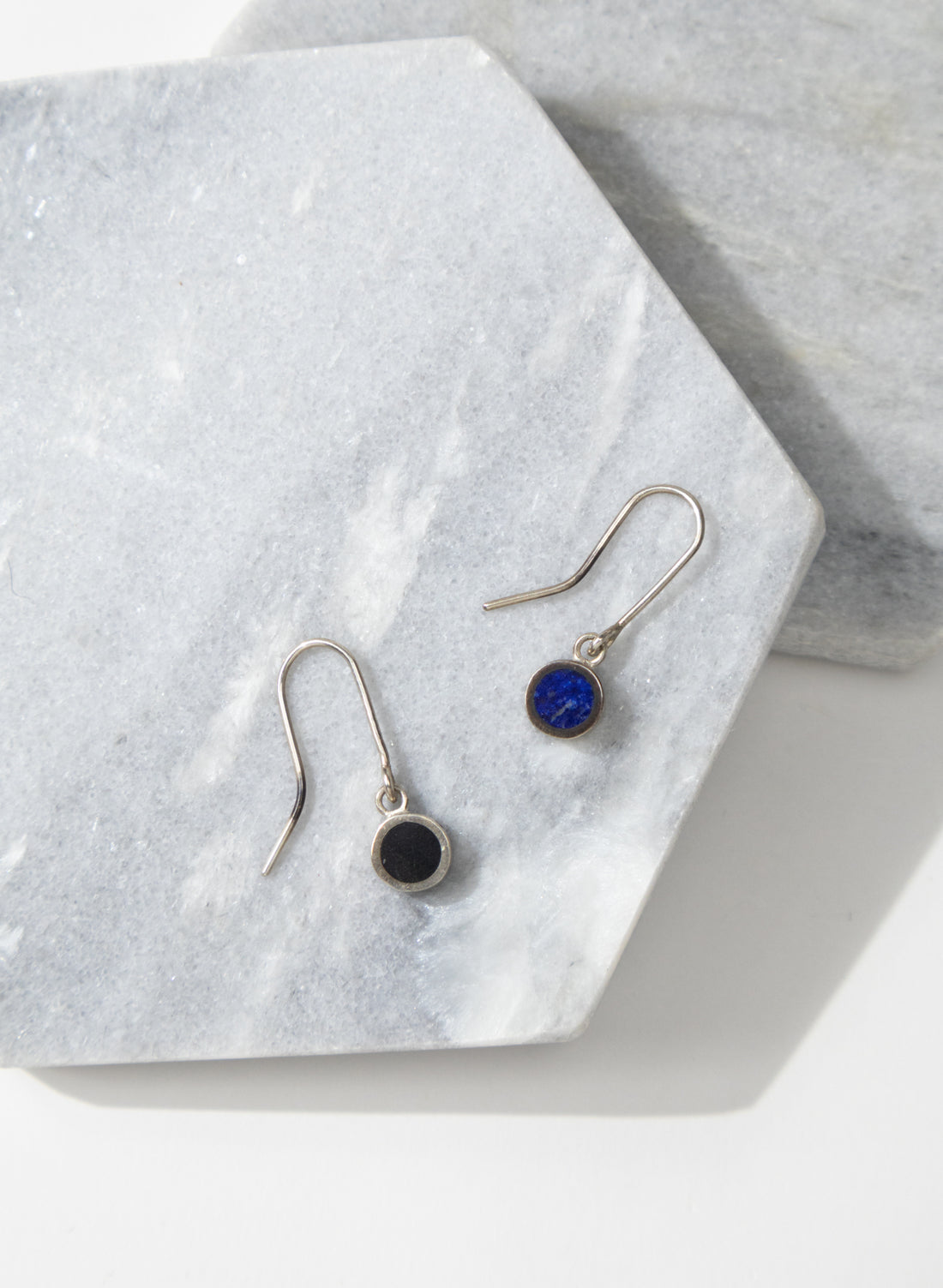 Disc Earrings - Sterling Silver, Lapis &amp; Basalt