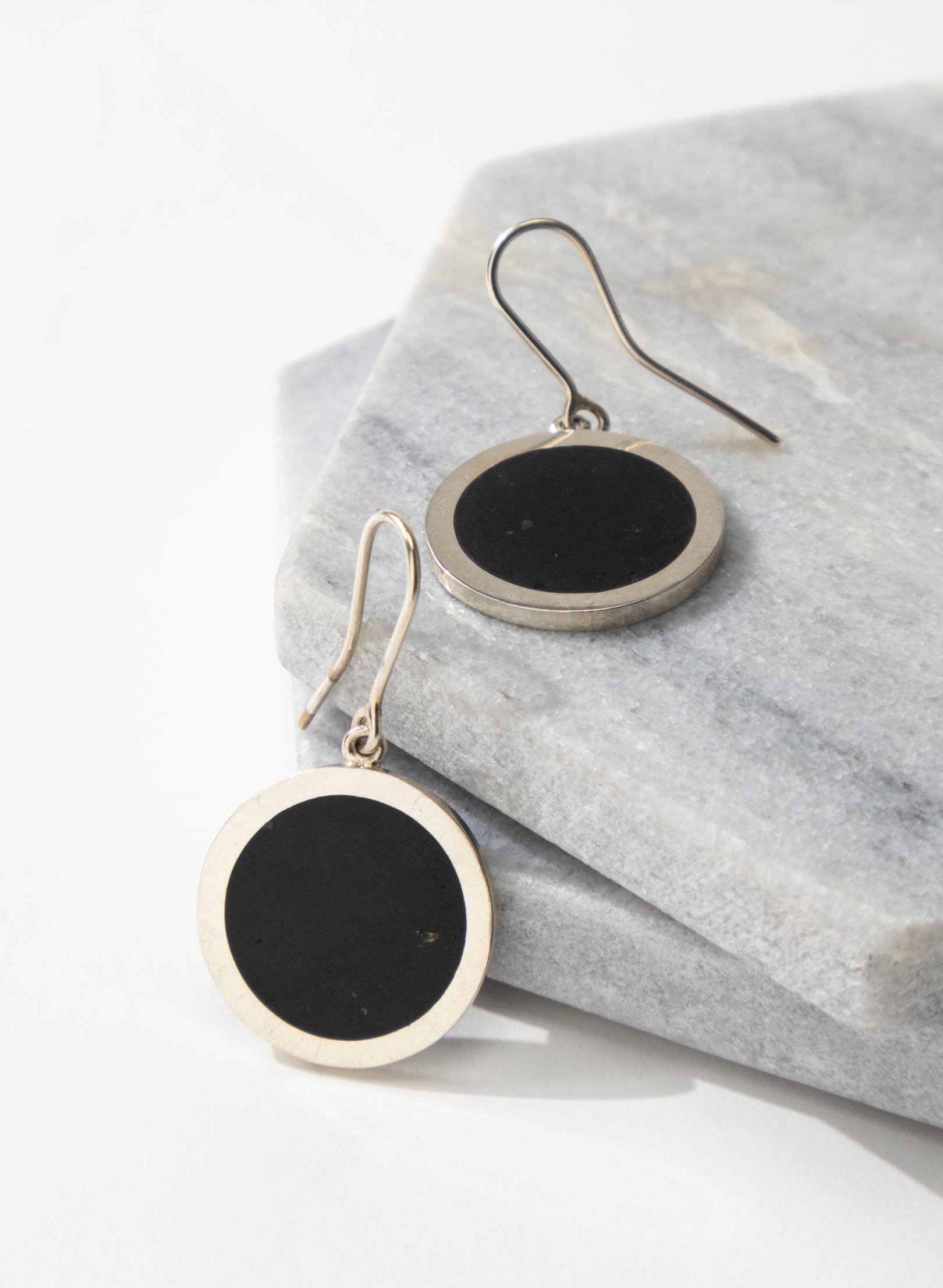 Disc Earrings - Sterling Silver &amp; Basalt