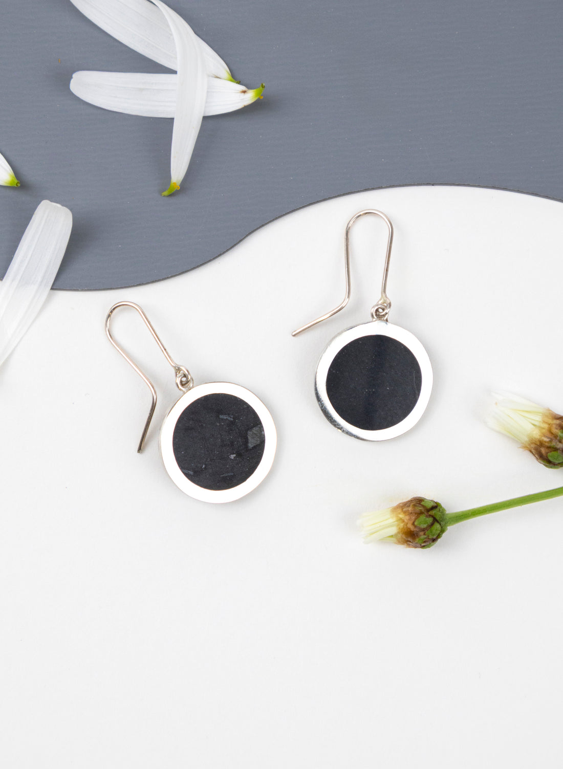 Disc Earrings - Sterling Silver &amp; Basalt