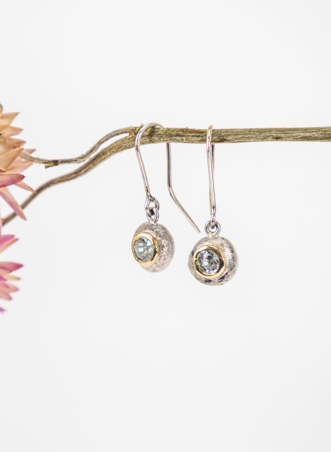 Button Earring - Sterling Silver &amp; Aquamarine