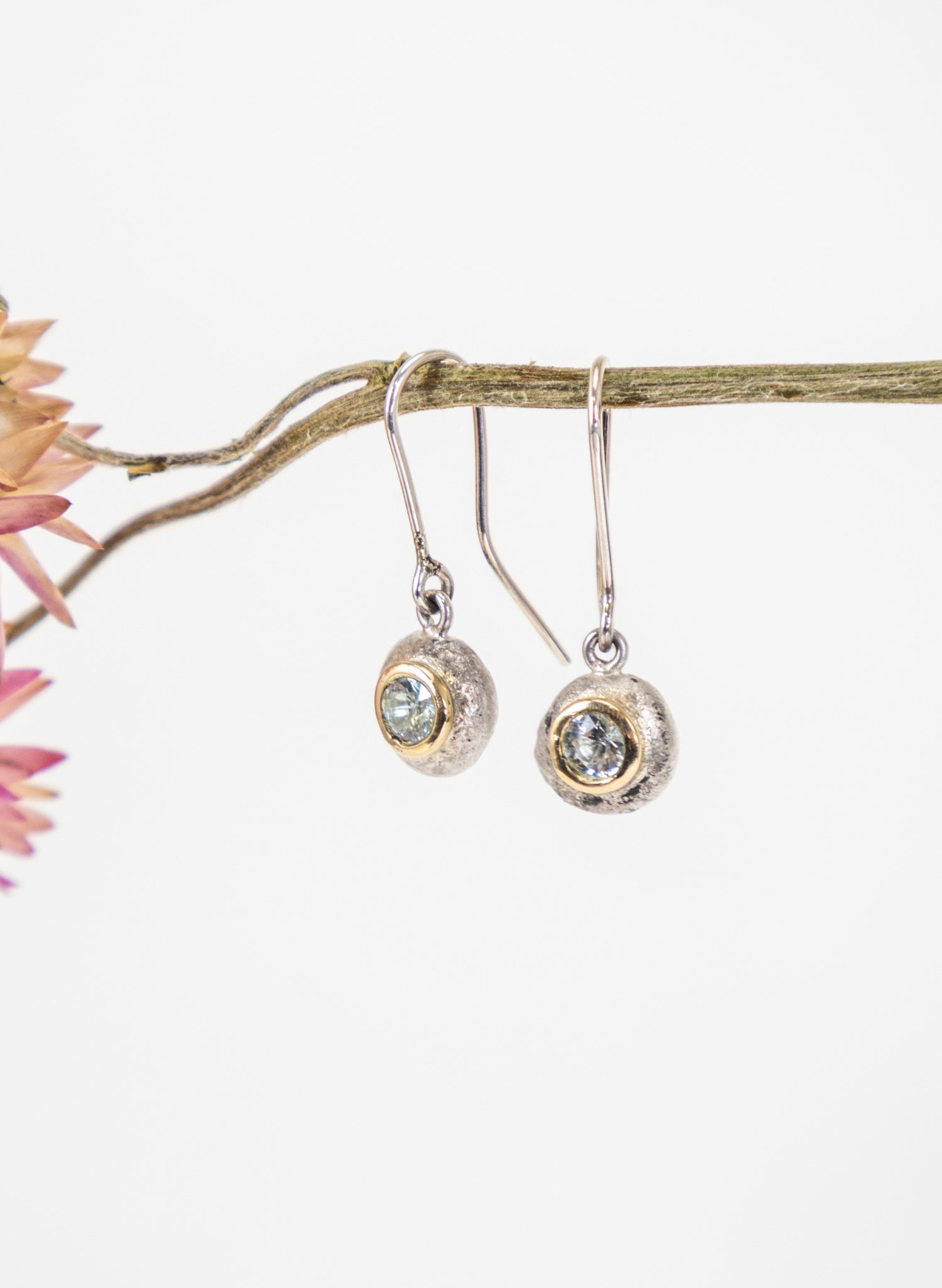 Button Earring - Sterling Silver &amp; Aquamarine