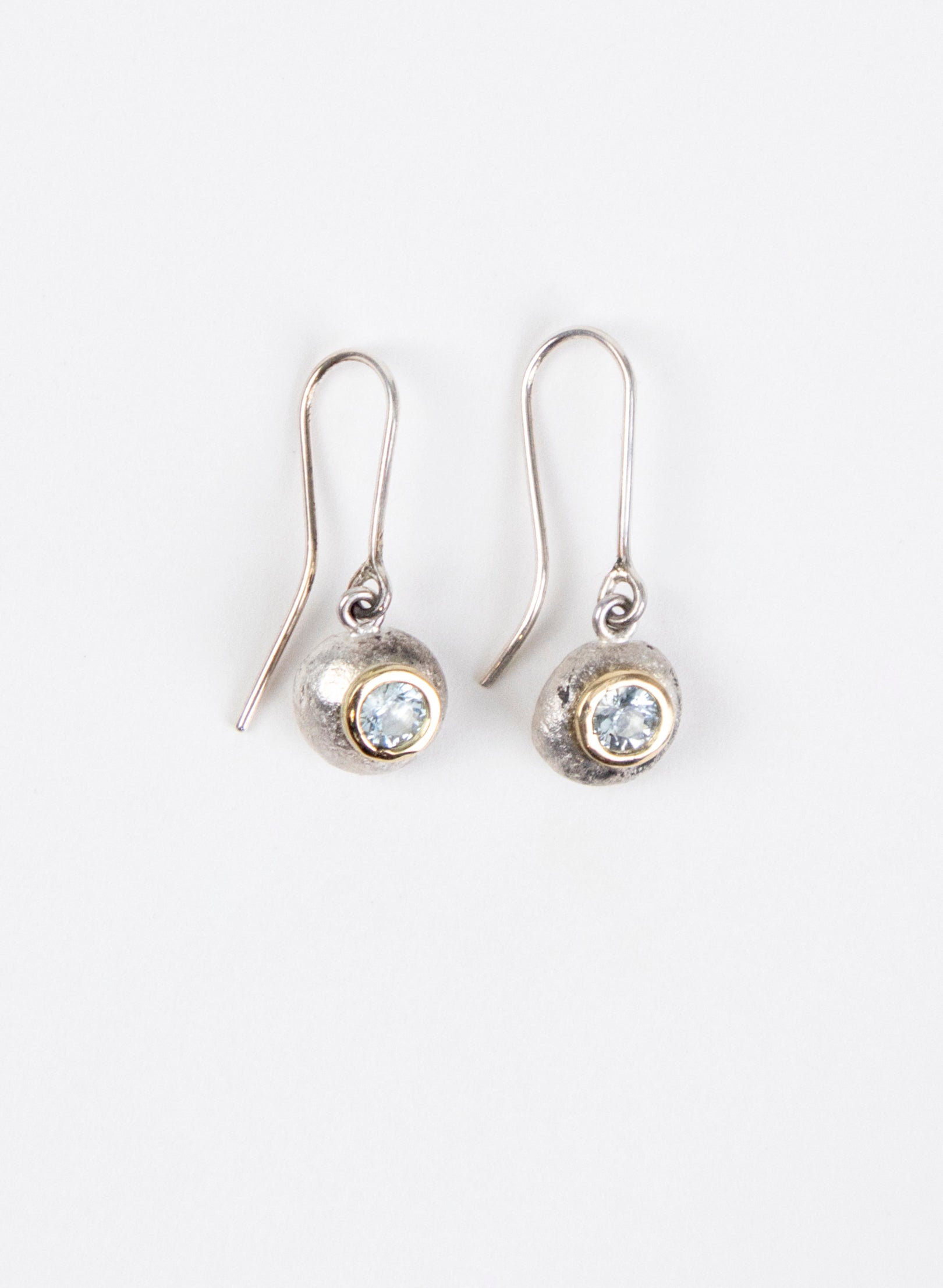 Button Earring - Sterling Silver &amp; Aquamarine