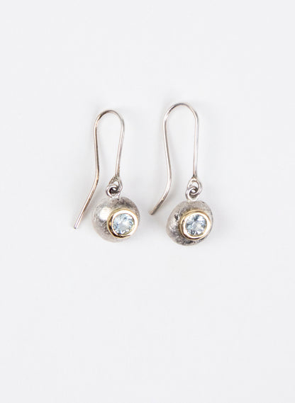 Button Earring - Sterling Silver &amp; Aquamarine