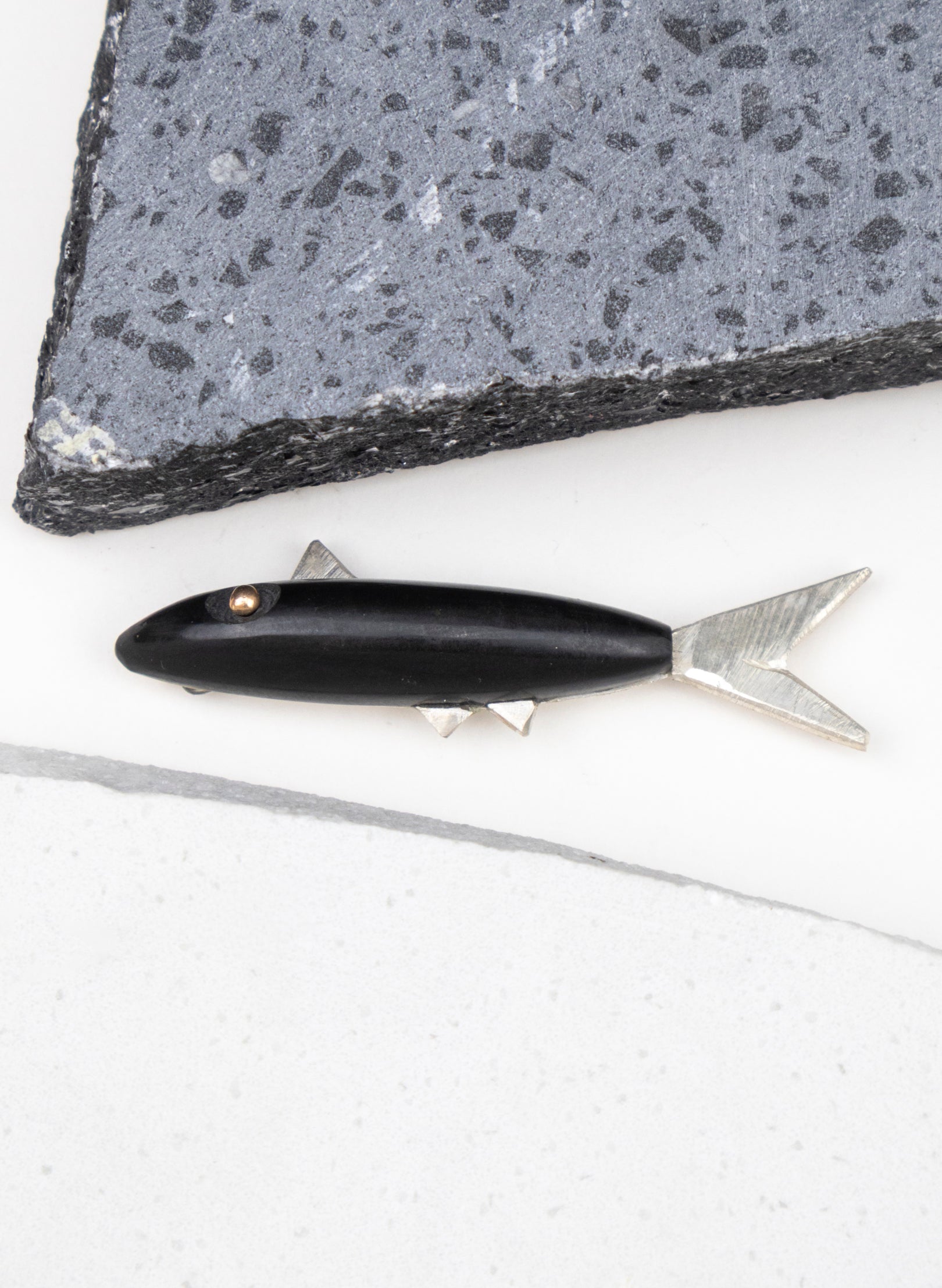 Fish Brooch Basalt with Sterling Silver
