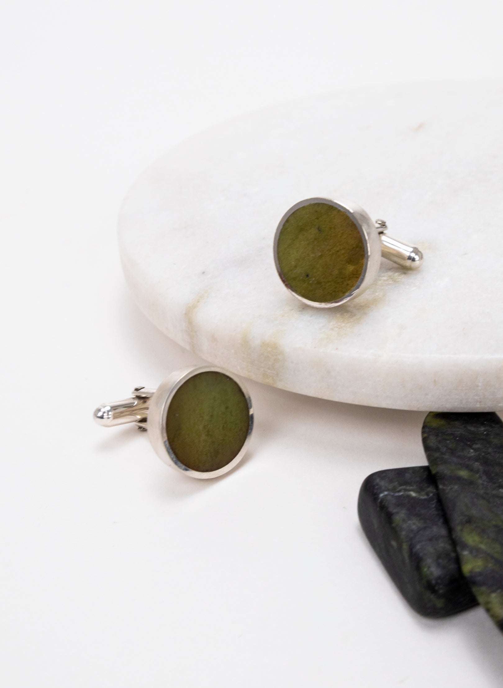Disc Cufflinks - Pounamu and Sterling Silver