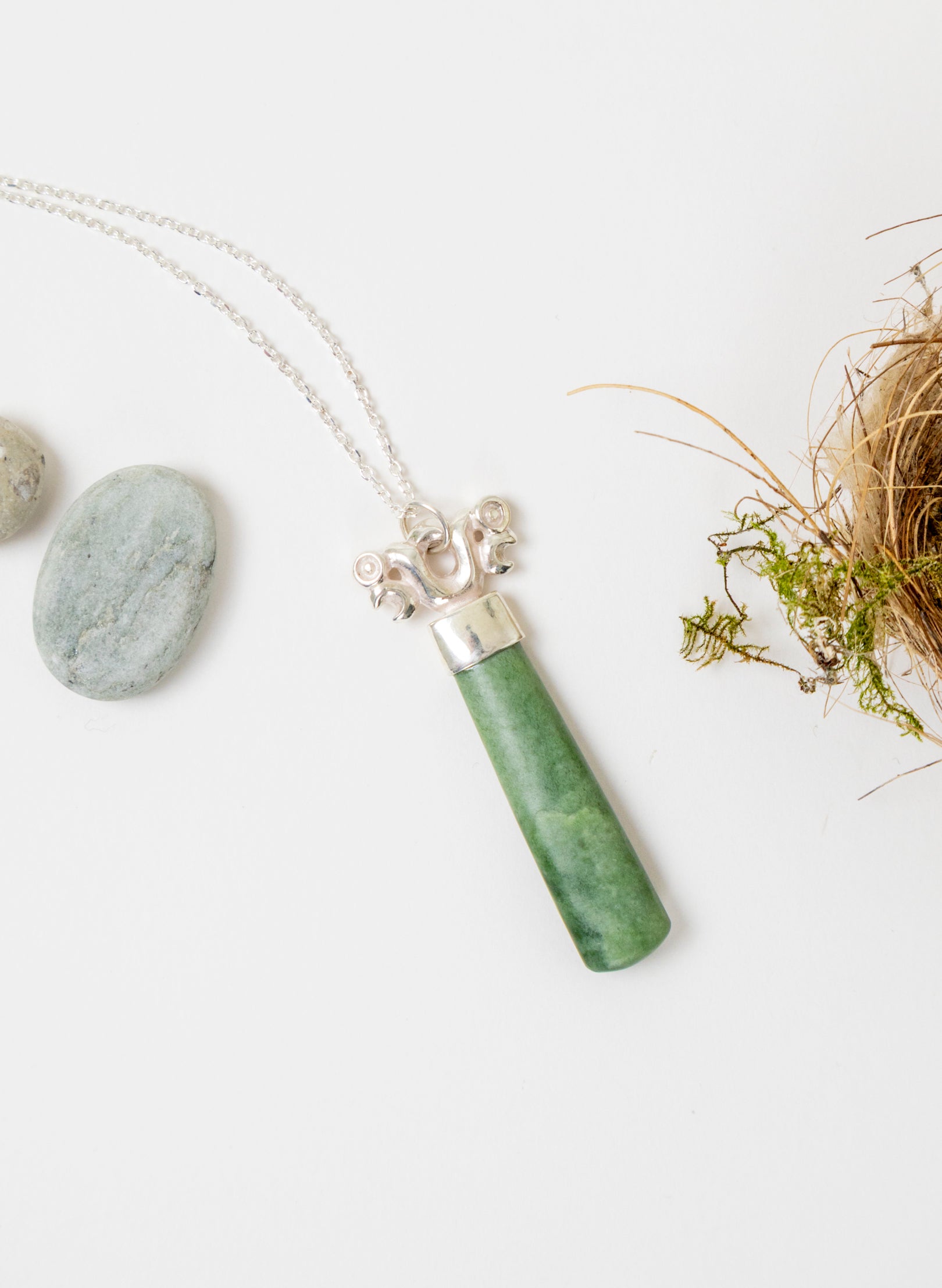 Silver Pekapeka Pendant Pounamu Drop