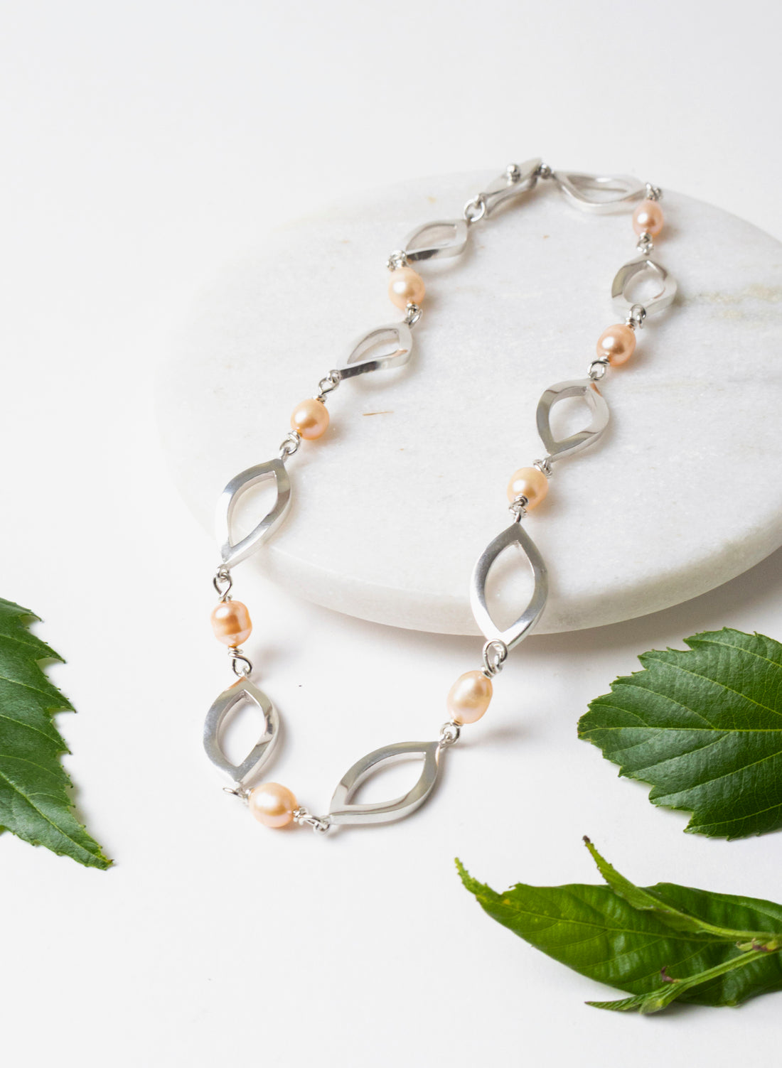 Pink Pearl Open Leaf Necklace