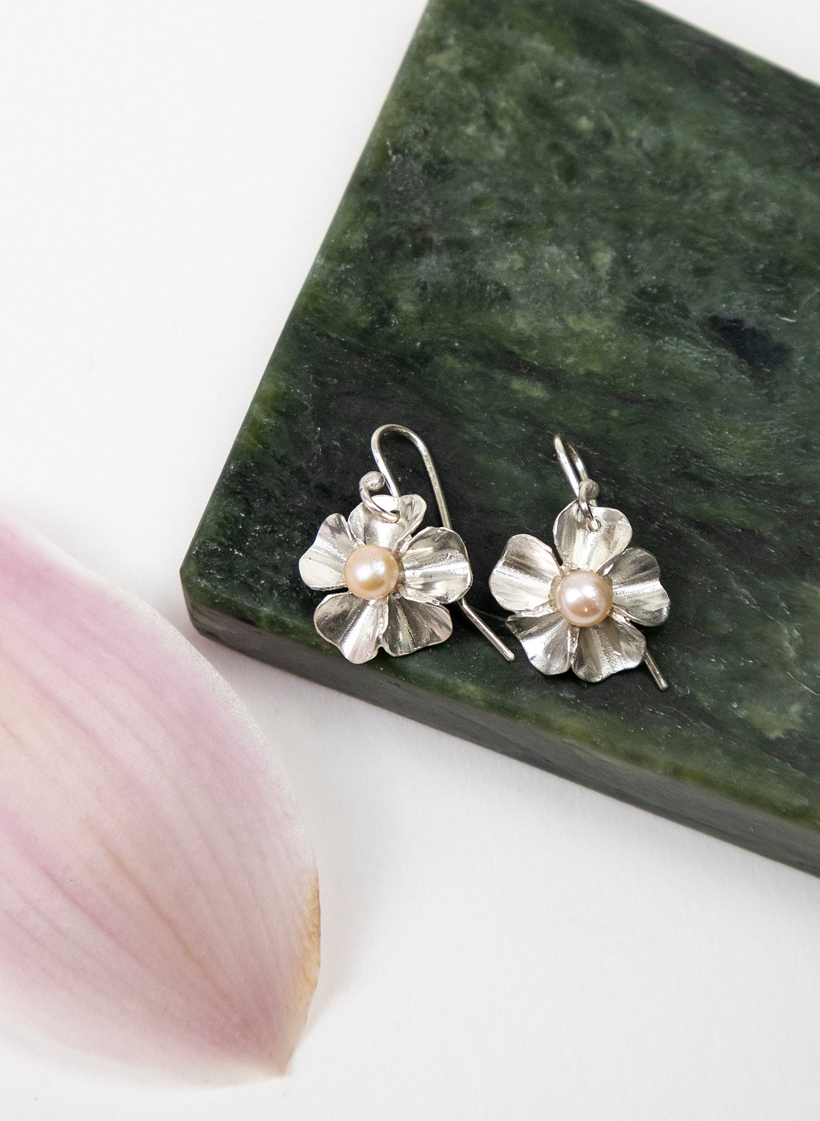 Sakura Cherry Blossom Earrings with a White Pearl