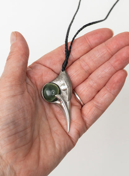 Sterling Silver Male Huia Pendant with a Pounamu Insert