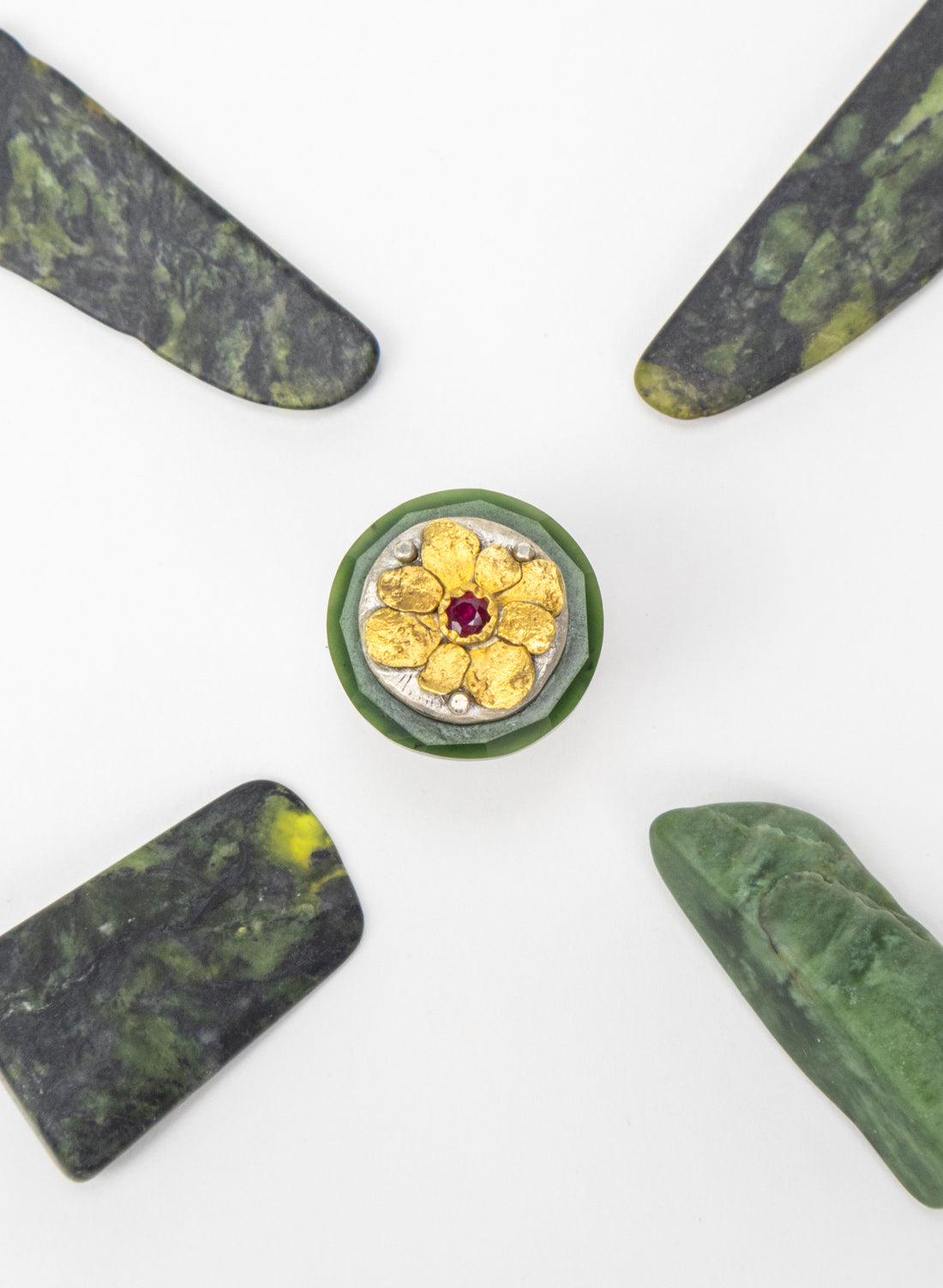 NZ Pounamu, Ruby and 24ct Gold Ring