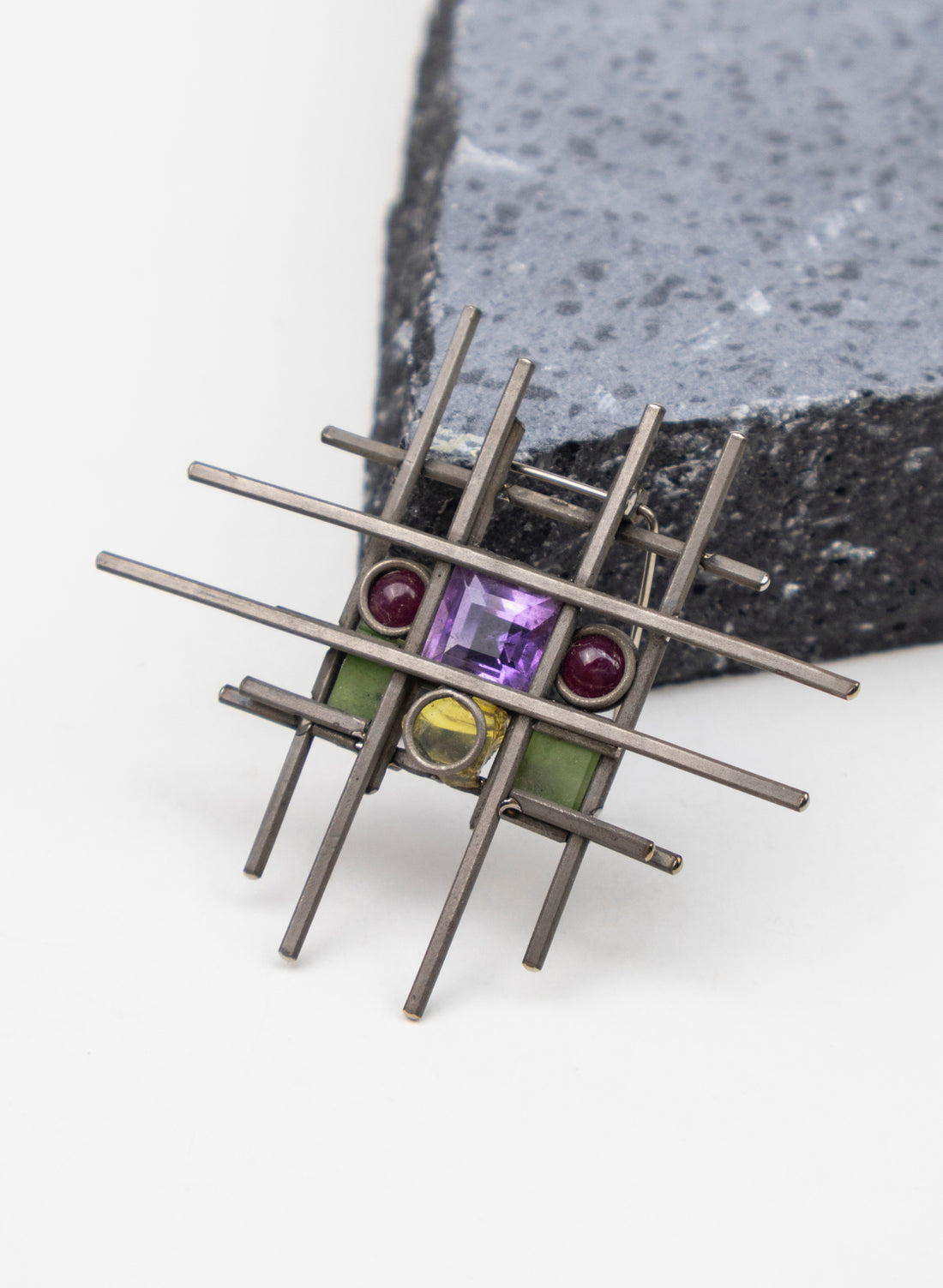 Amber, Pounamu and Titanium Brooch