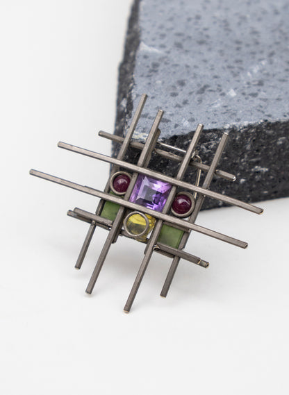 Amber, Pounamu and Titanium Brooch