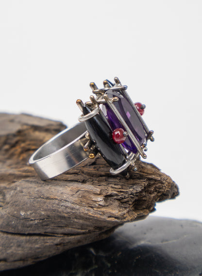 Amethyst, Onyx, Ruby Ring