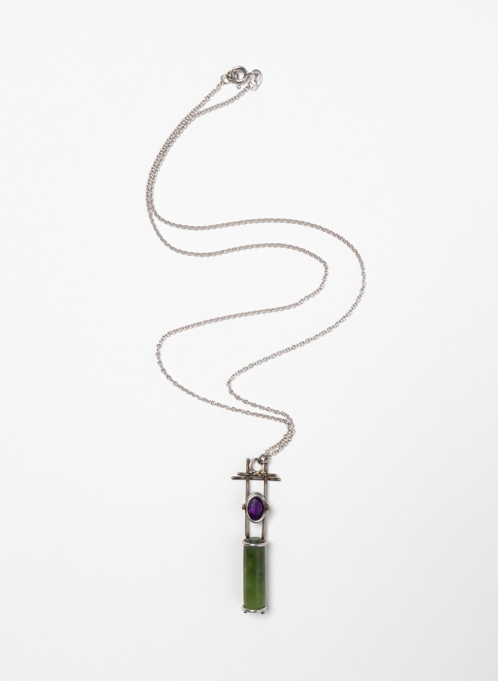 Amethyst, Pounamu, Stainless Steel and Silver Necklace