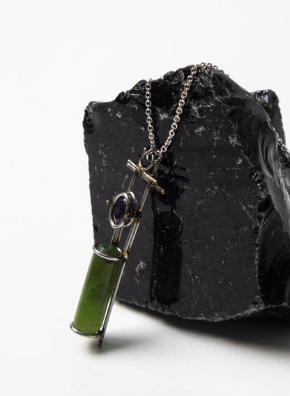Amethyst, Pounamu, Stainless Steel and Silver Necklace