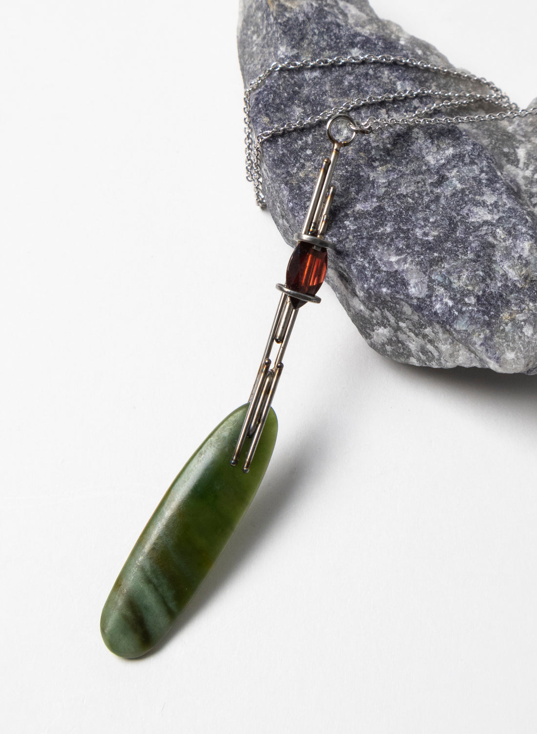 Garnet, Pounamu, Stainless Steel and Silver Necklace