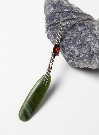 Garnet, Pounamu, Stainless Steel and Silver Necklace
