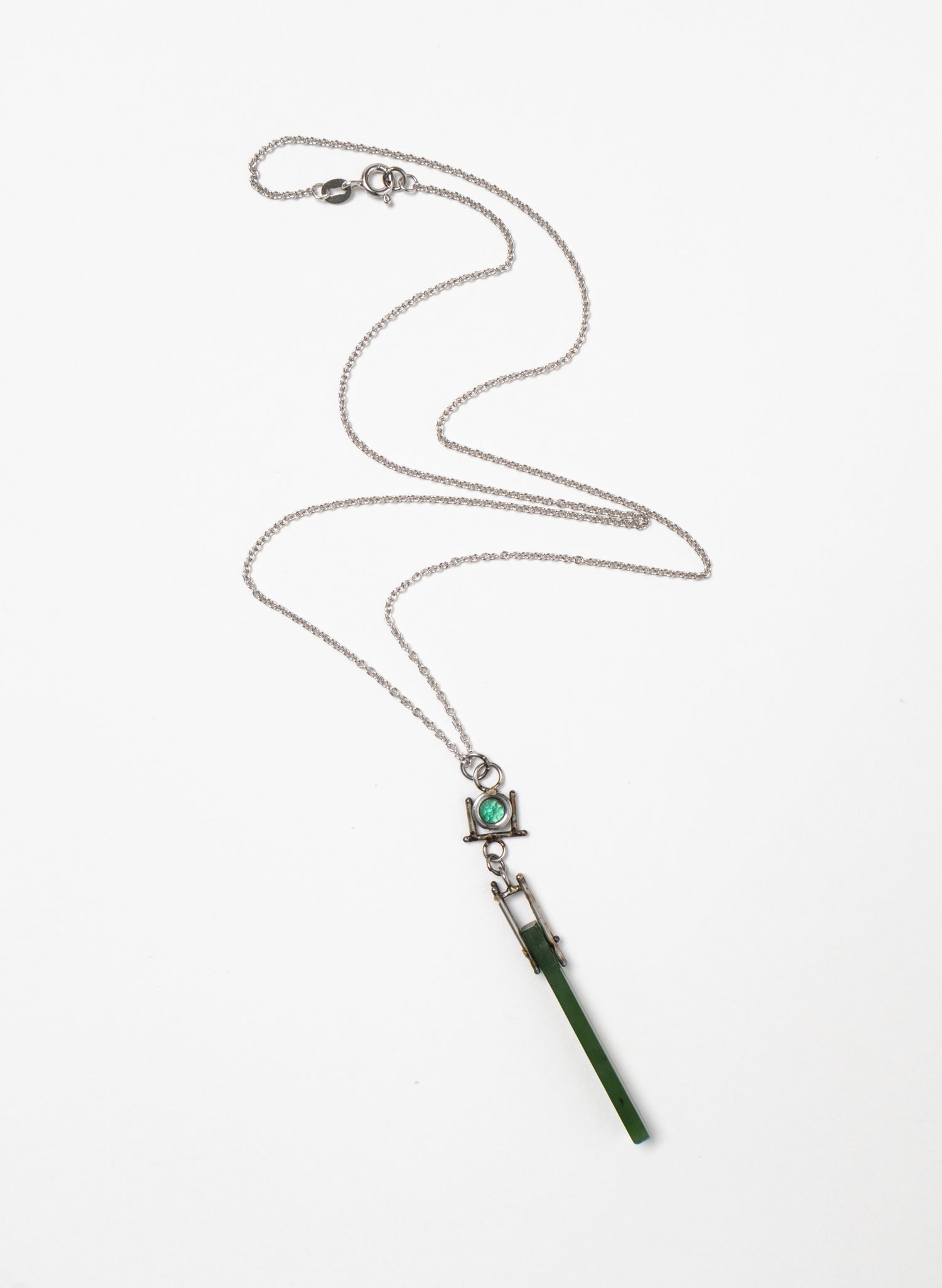 Emerald, Pounamu, Stainless Steel and Silver Necklace