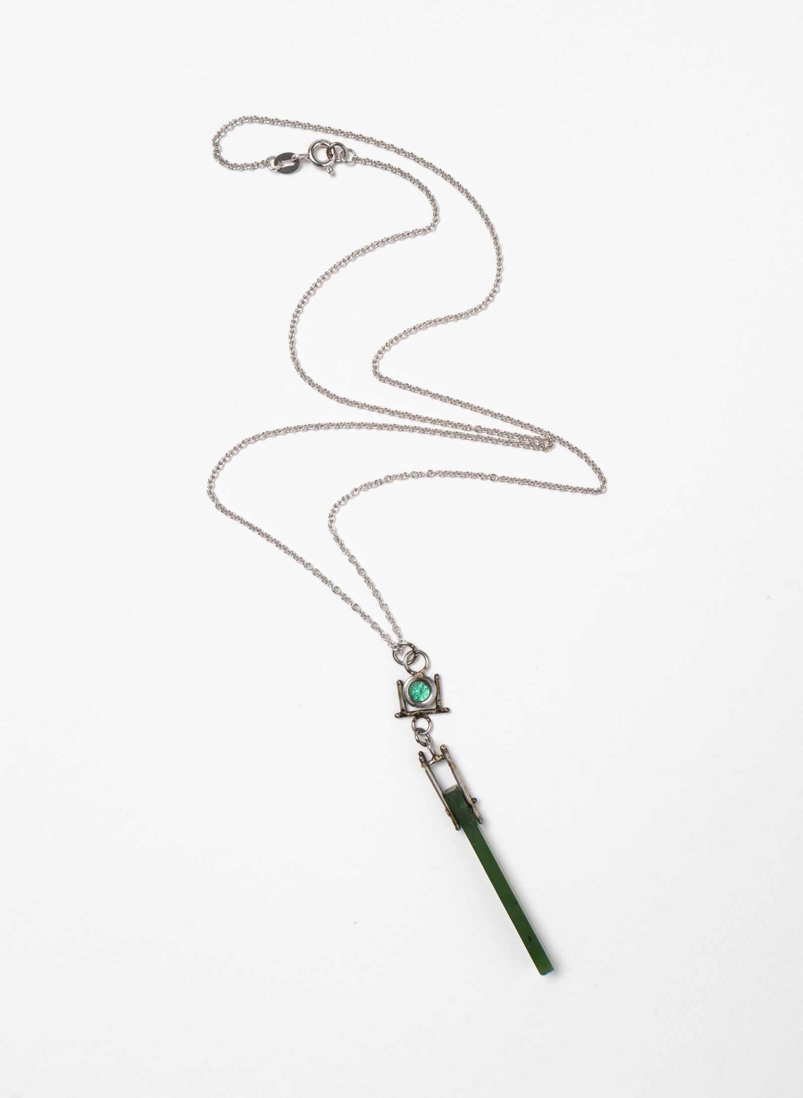 Emerald, Pounamu, Stainless Steel and Silver Necklace