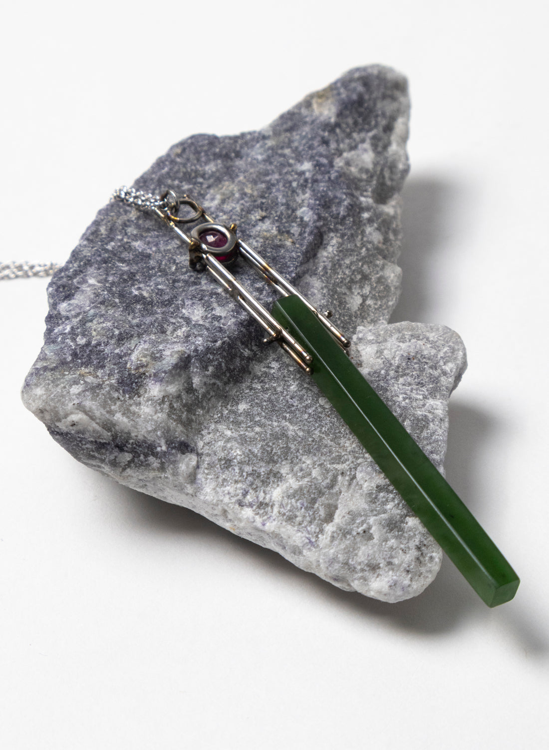 Natural Ruby, Pounamu, Stainless Steel and Silver Necklace