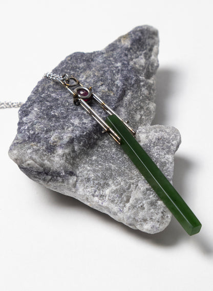 Natural Ruby, Pounamu, Stainless Steel and Silver Necklace