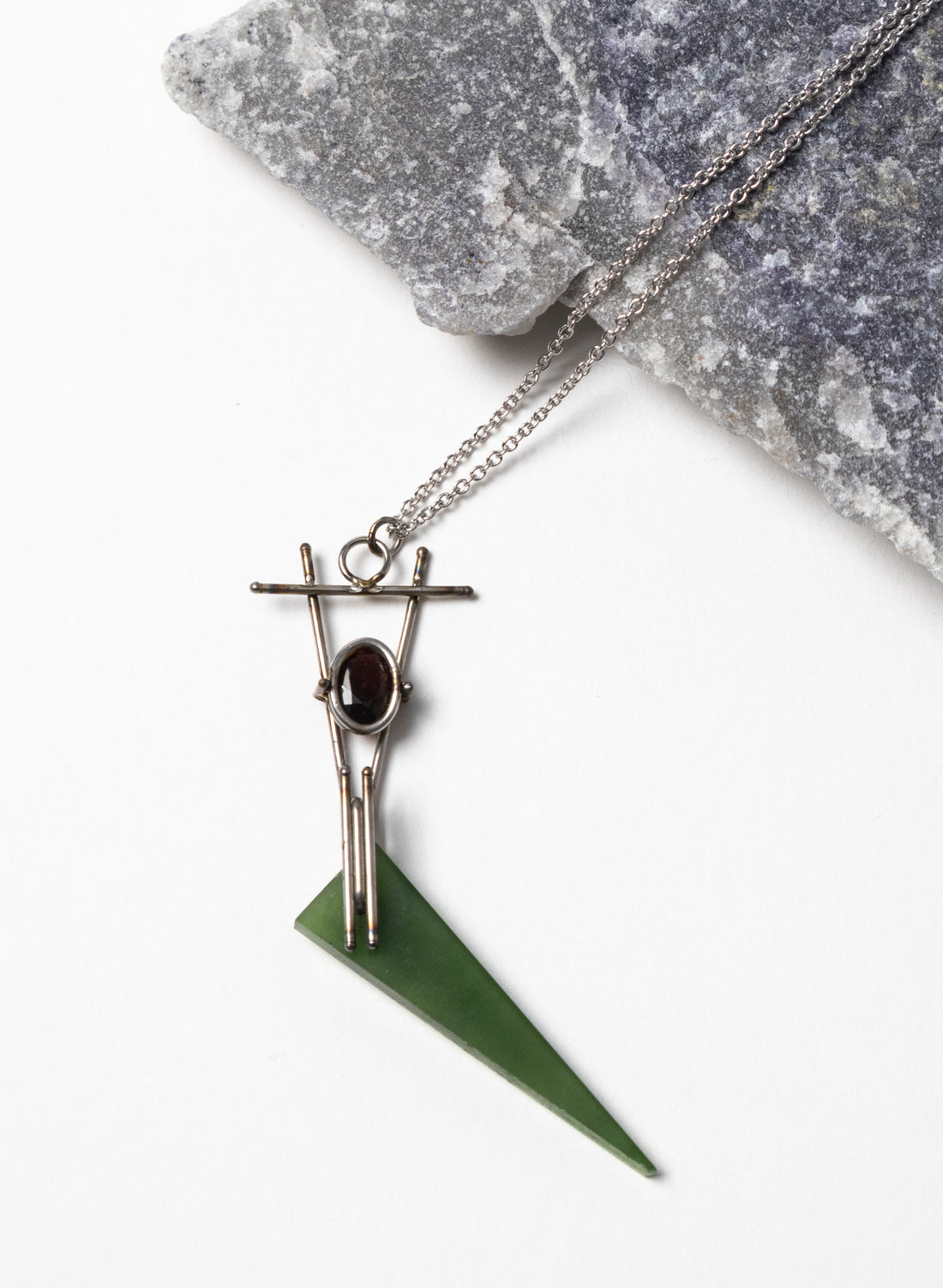 Garnet, Pounamu, Stainless Steel and Silver Necklace