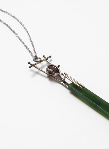 Garnet, Pounamu, Stainless Steel and Silver Necklace