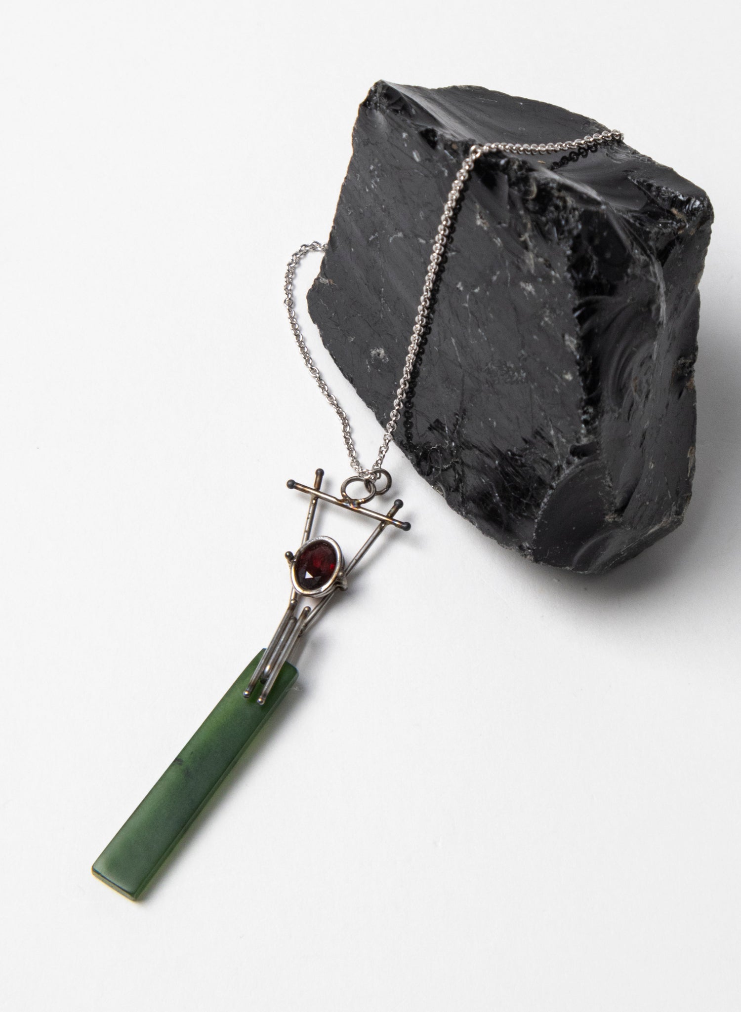 Garnet, Pounamu, Stainless Steel and Silver Necklace