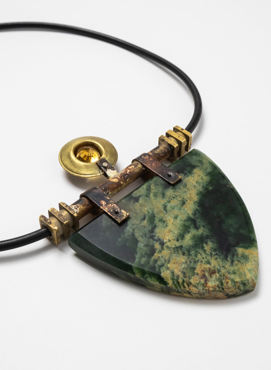 Citrine, Brass, Rubber and NZ Pounamu Necklace with Stand