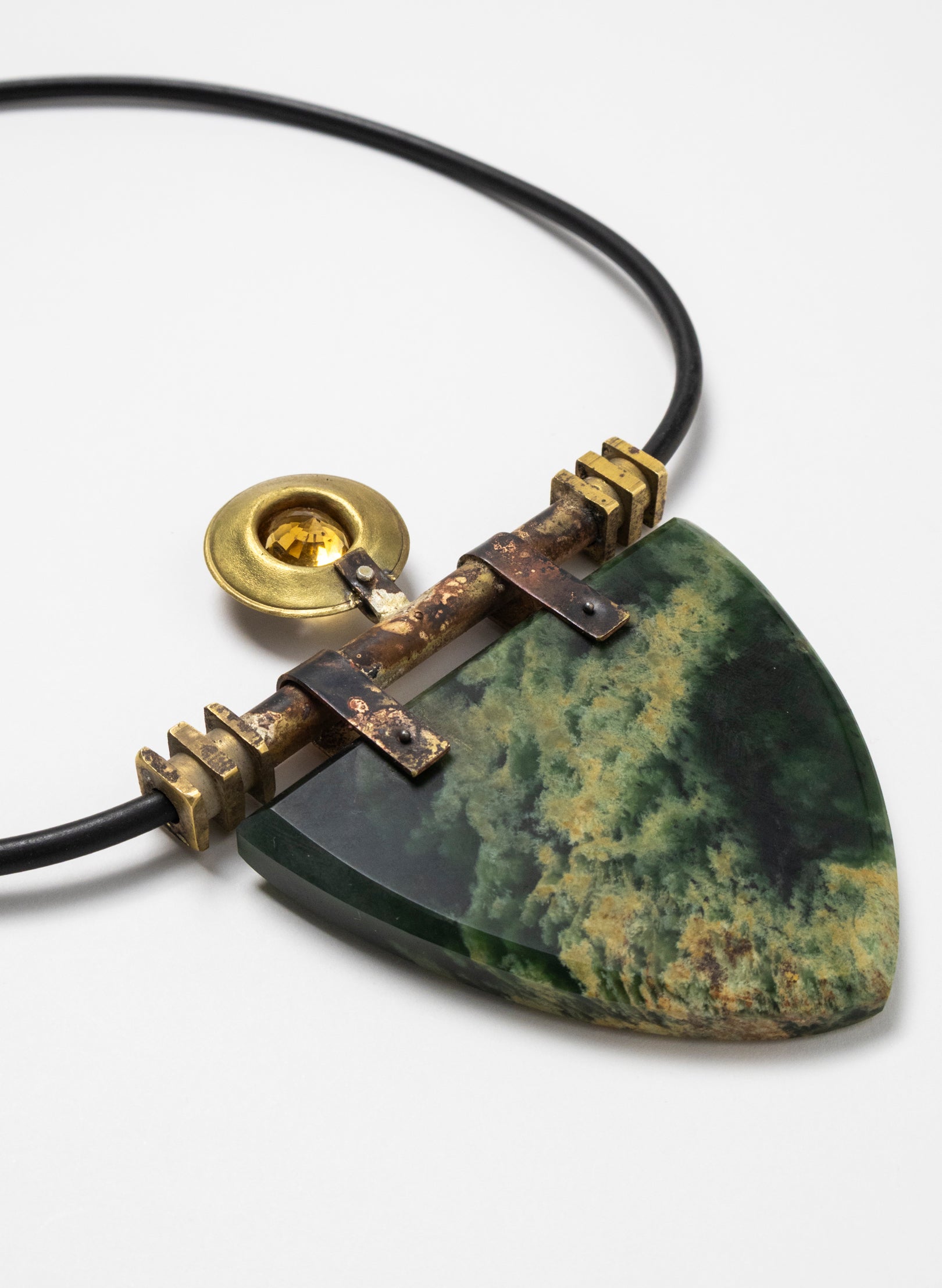 Citrine, Brass, Rubber and NZ Pounamu Necklace with Stand