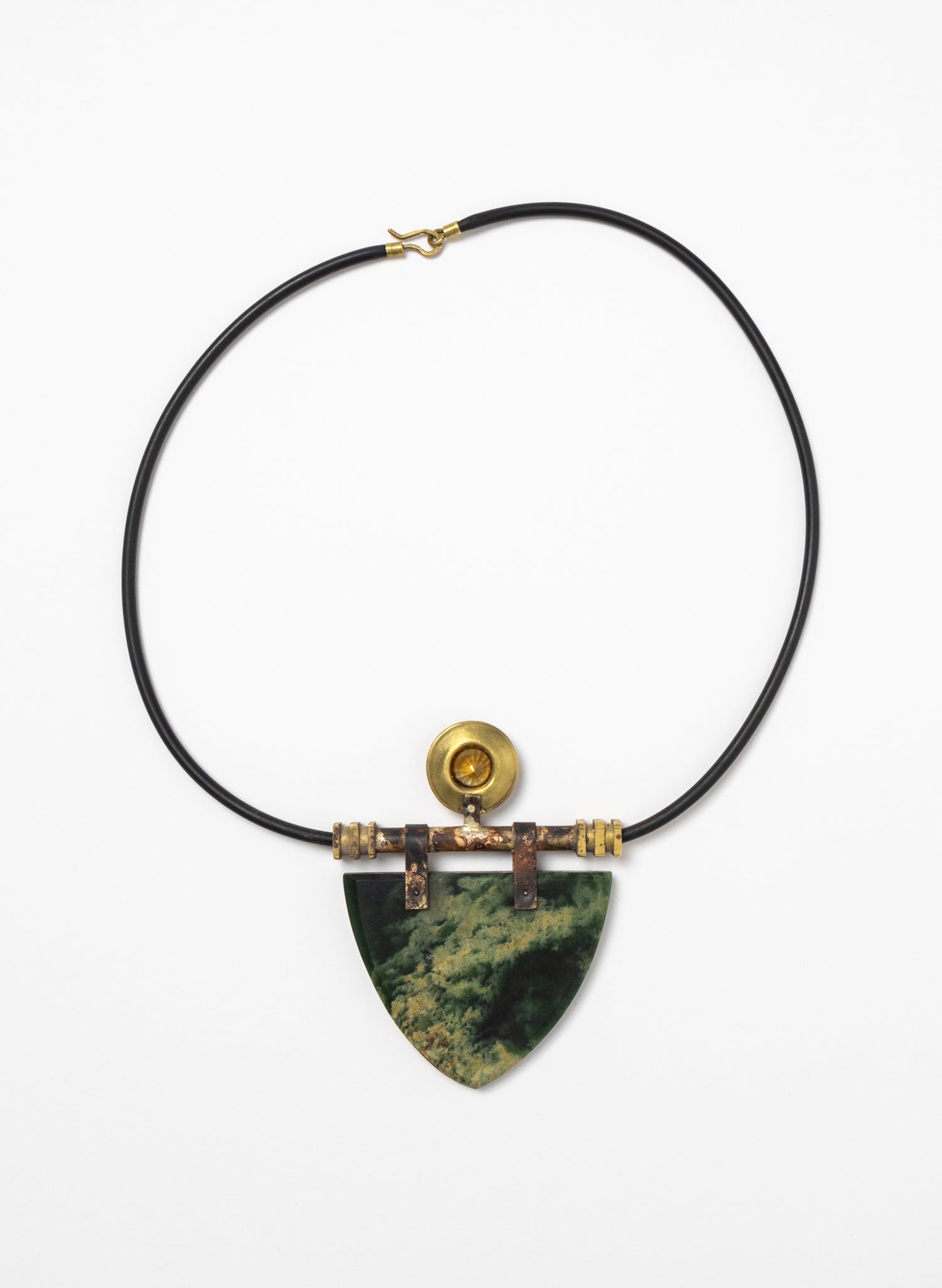 Citrine, Brass, Rubber and NZ Pounamu Necklace with Stand