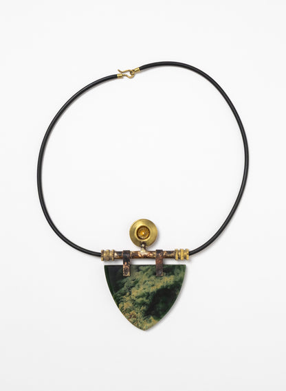 Citrine, Brass, Rubber and NZ Pounamu Necklace with Stand