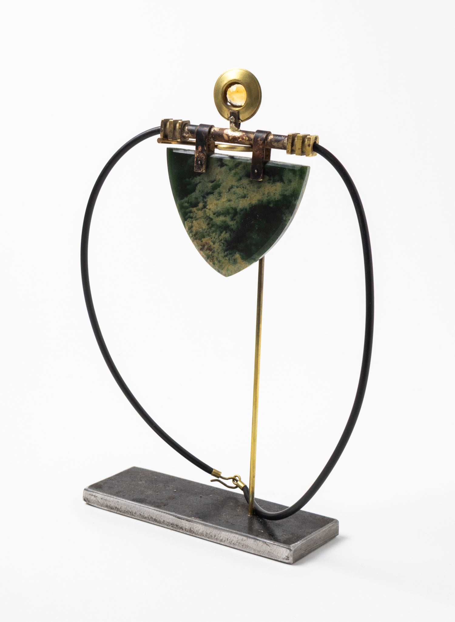 Citrine, Brass, Rubber and NZ Pounamu Necklace with Stand