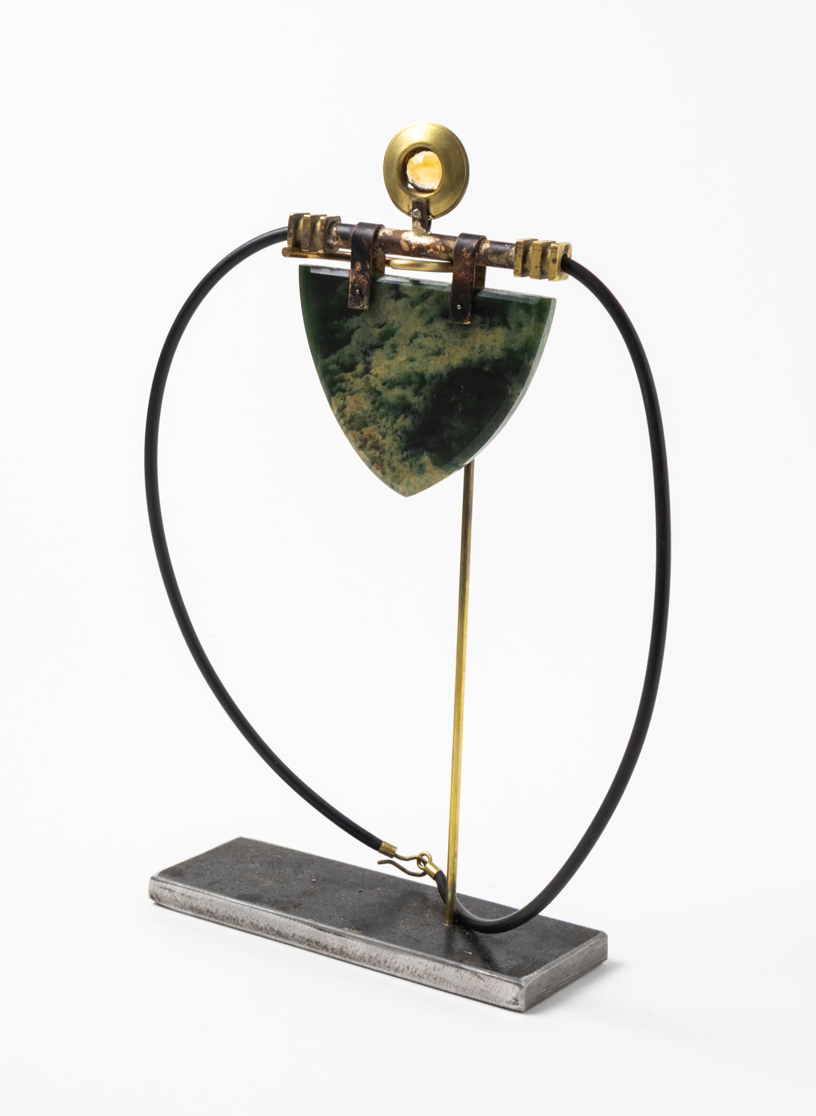 Citrine, Brass, Rubber and NZ Pounamu Necklace with Stand