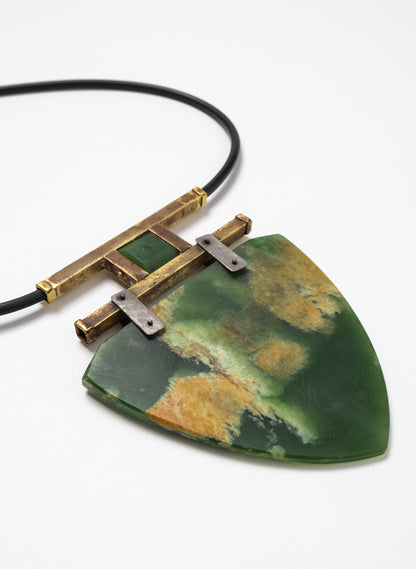 Brass, Rubber and NZ Pounamu Necklace with Stand