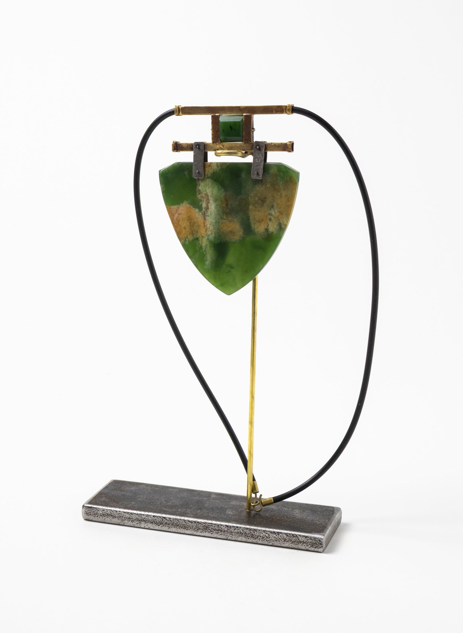 Brass, Rubber and NZ Pounamu Necklace with Stand