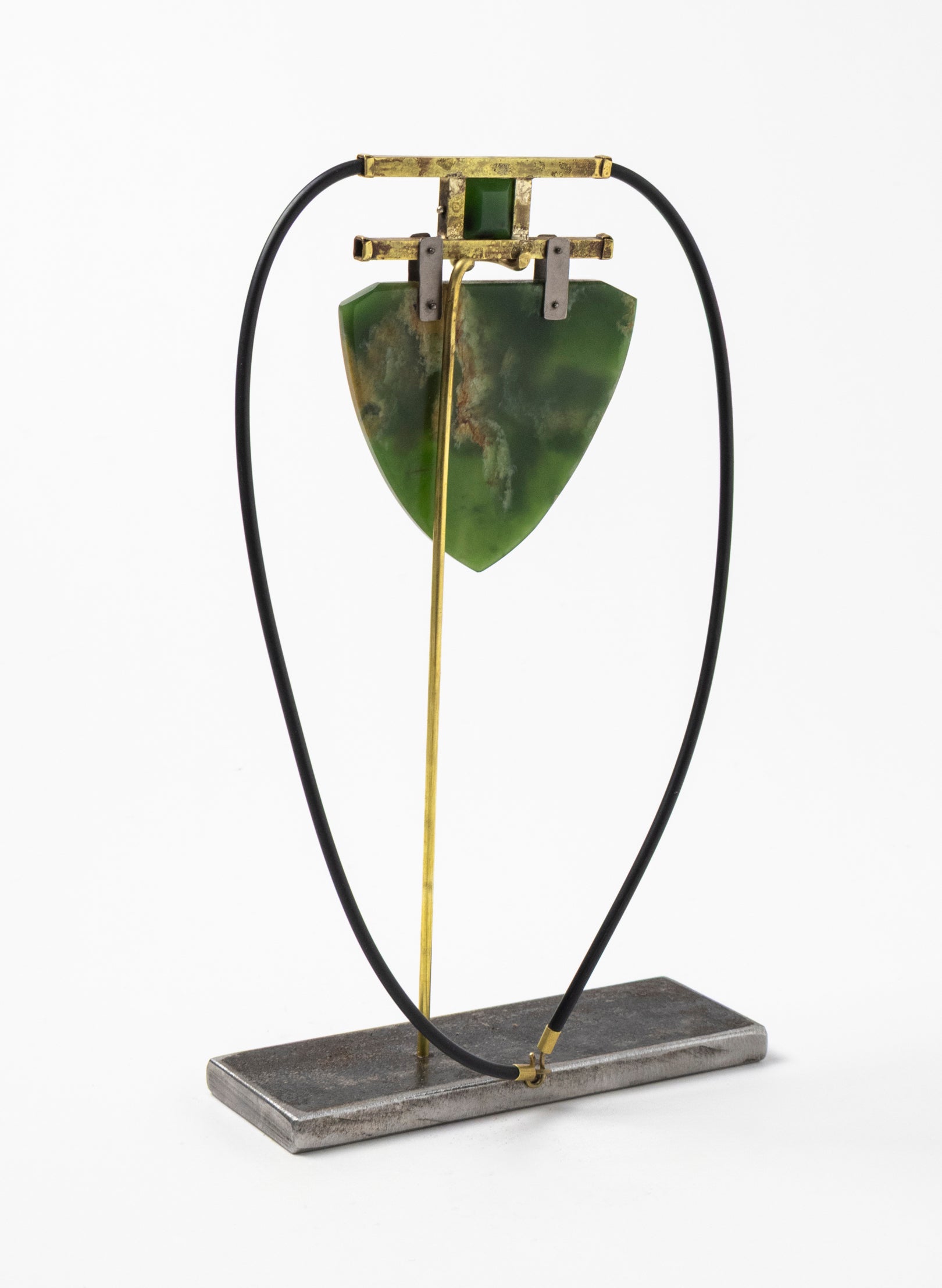 Brass, Rubber and NZ Pounamu Necklace with Stand