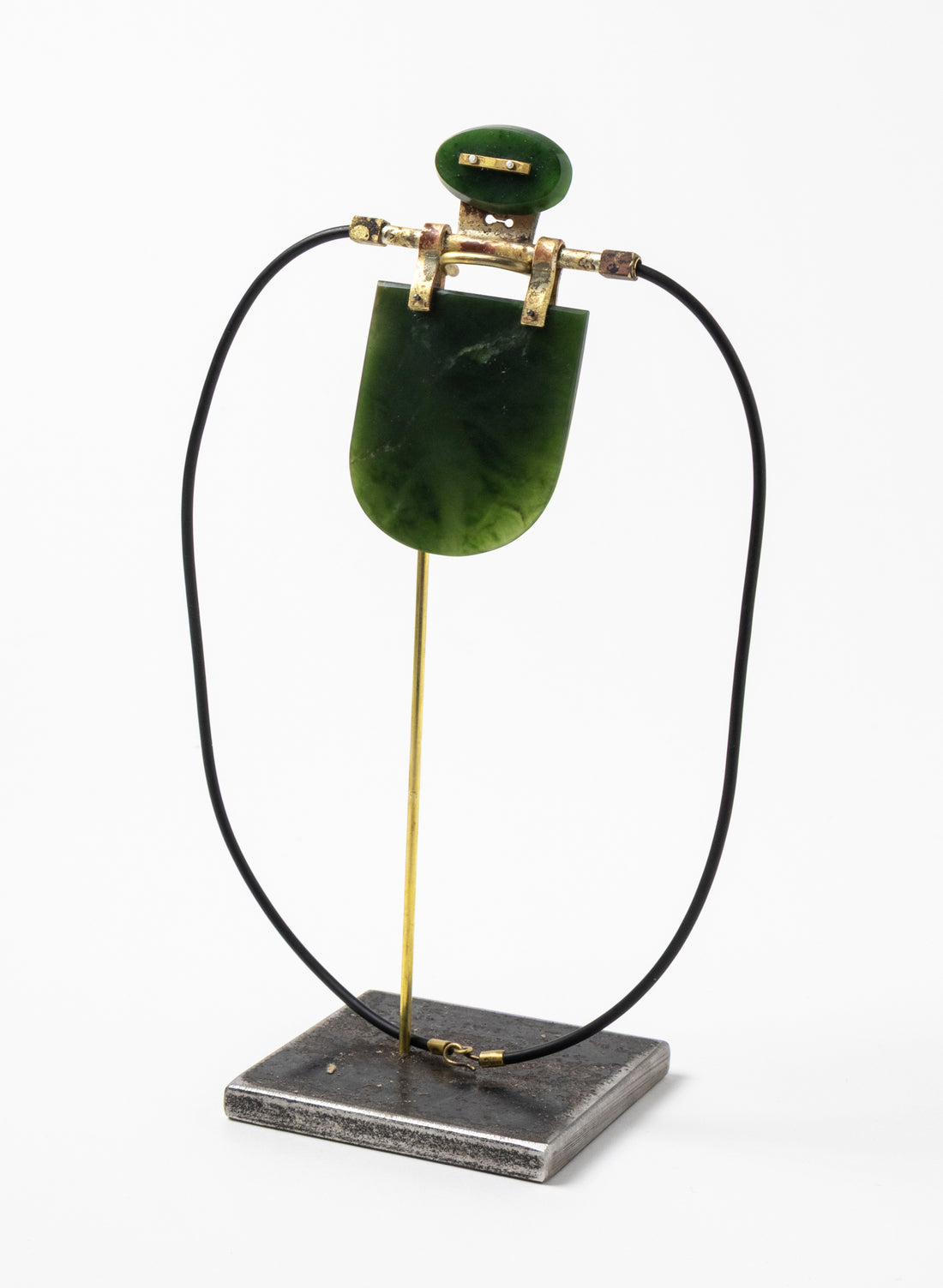 Brass, Rubber and NZ Pounamu Necklace with Stand