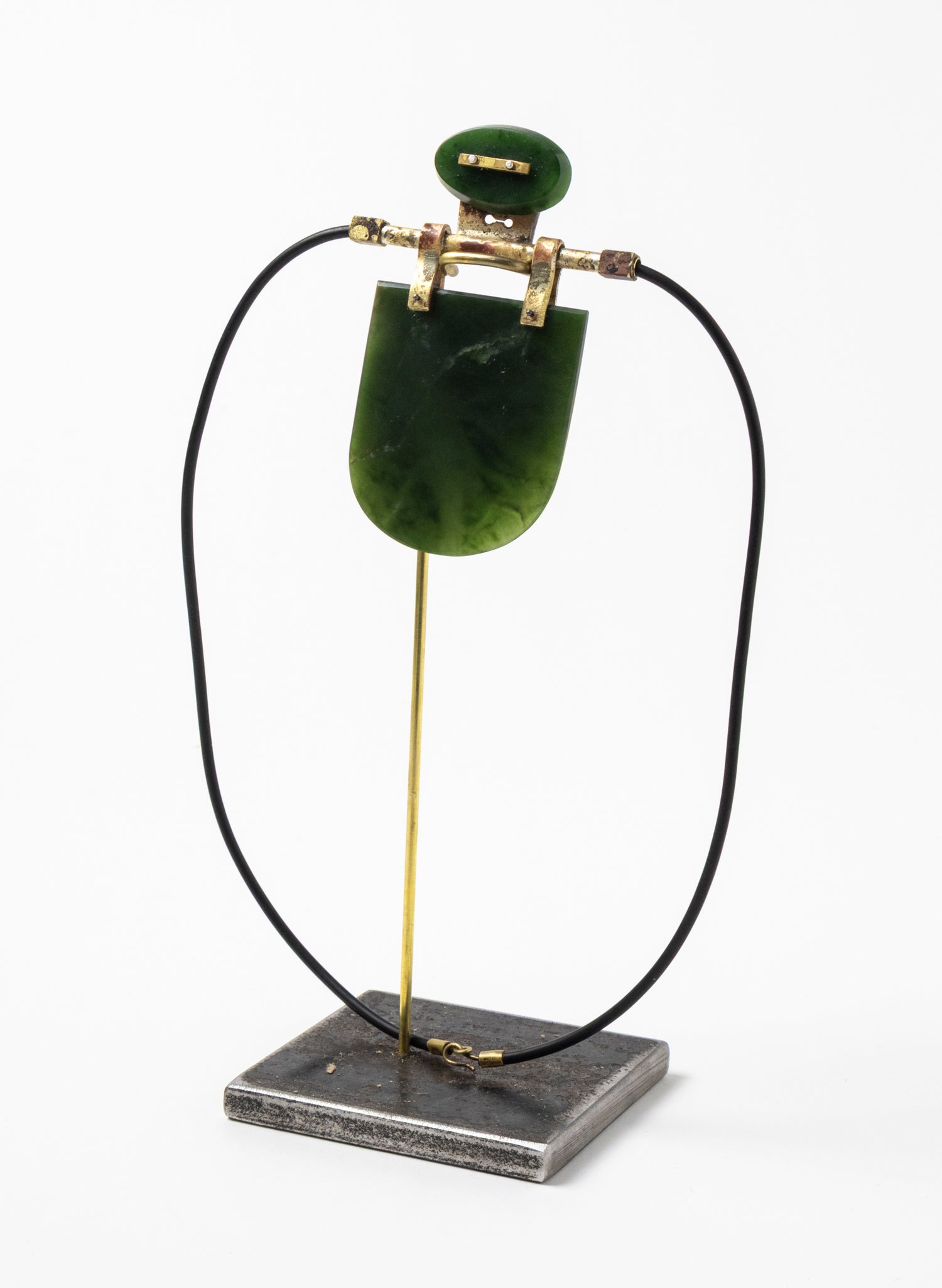 Brass, Rubber and NZ Pounamu Necklace with Stand