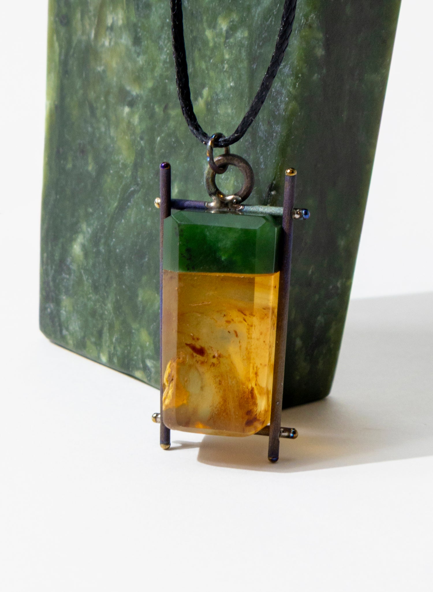 Titanium &amp; NZ Kauri Gum Pounamu Necklace
