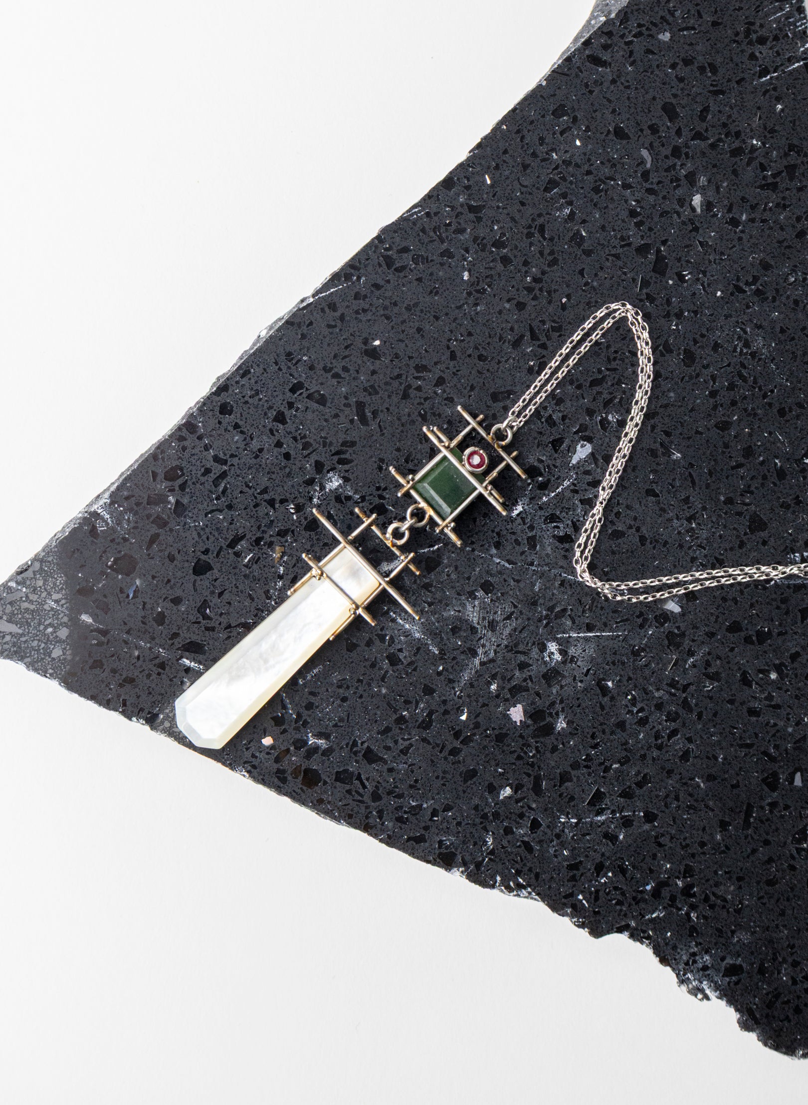 Ruby, Mother of Pearl Stainless Steel Necklace