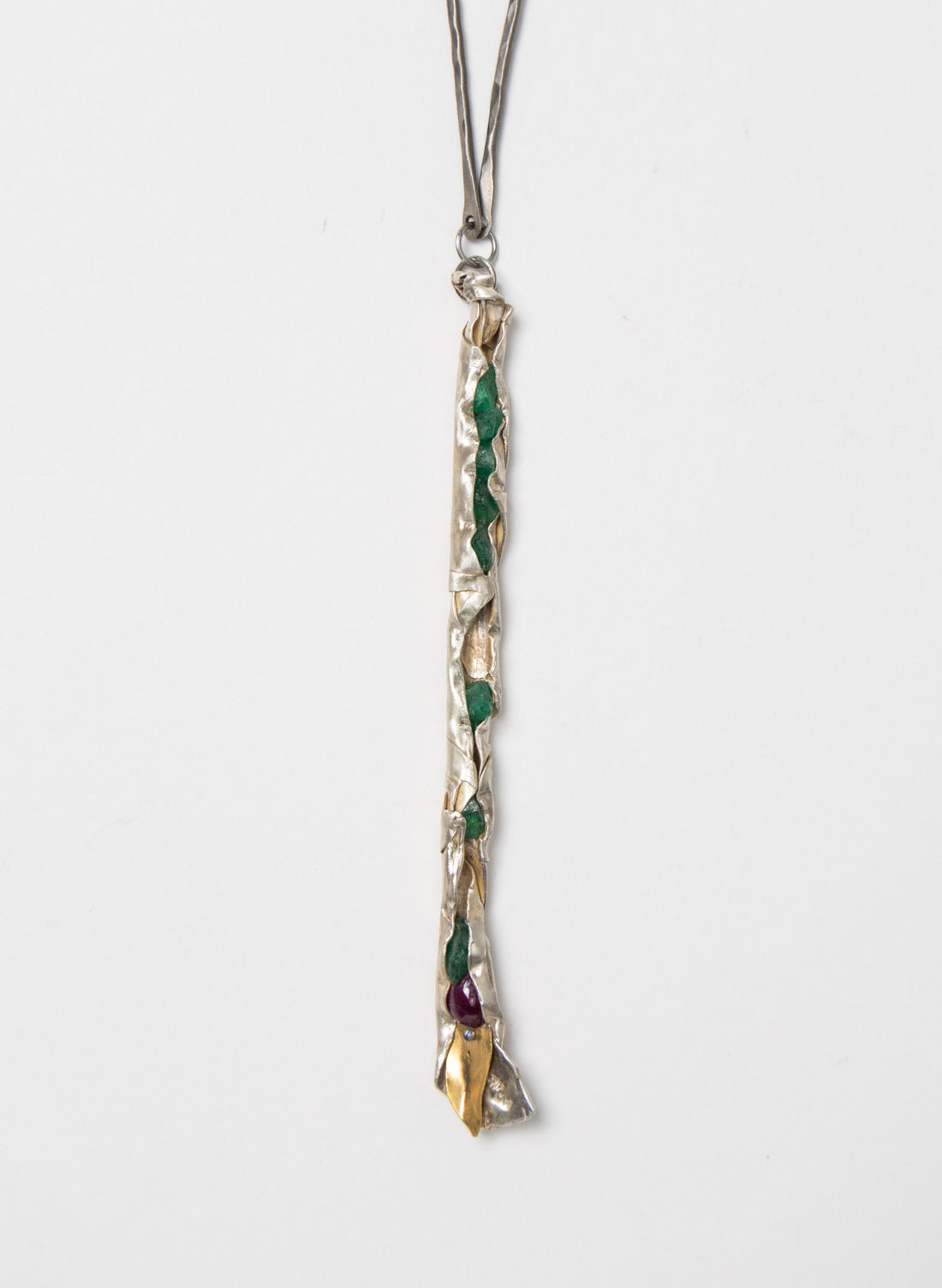 Raw Emerald, Ruby and Silver Necklace