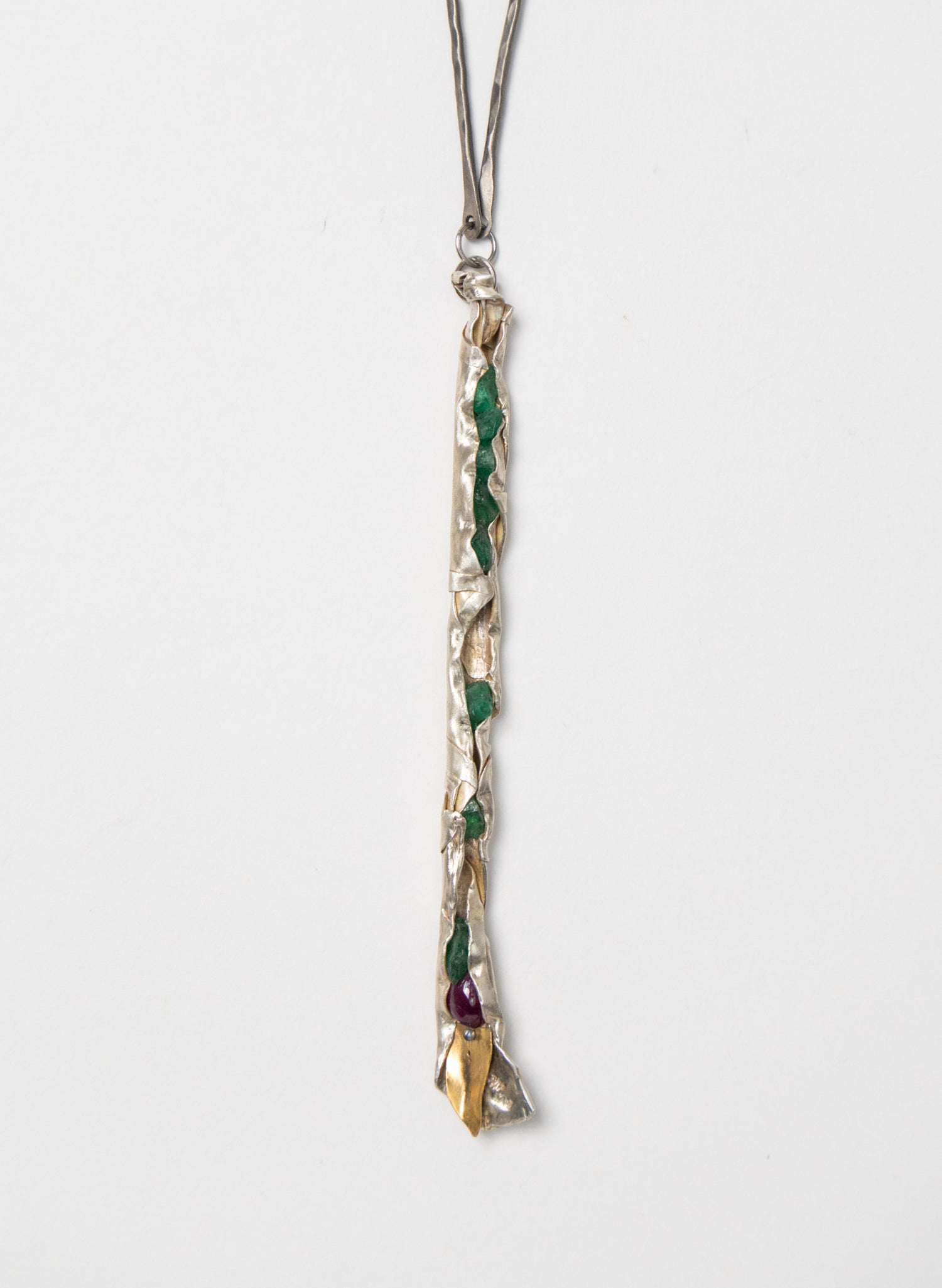 Raw Emerald, Ruby and Silver Necklace