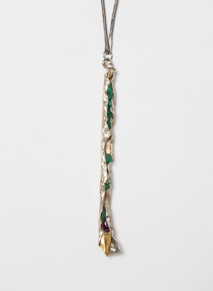 Raw Emerald, Ruby and Silver Necklace