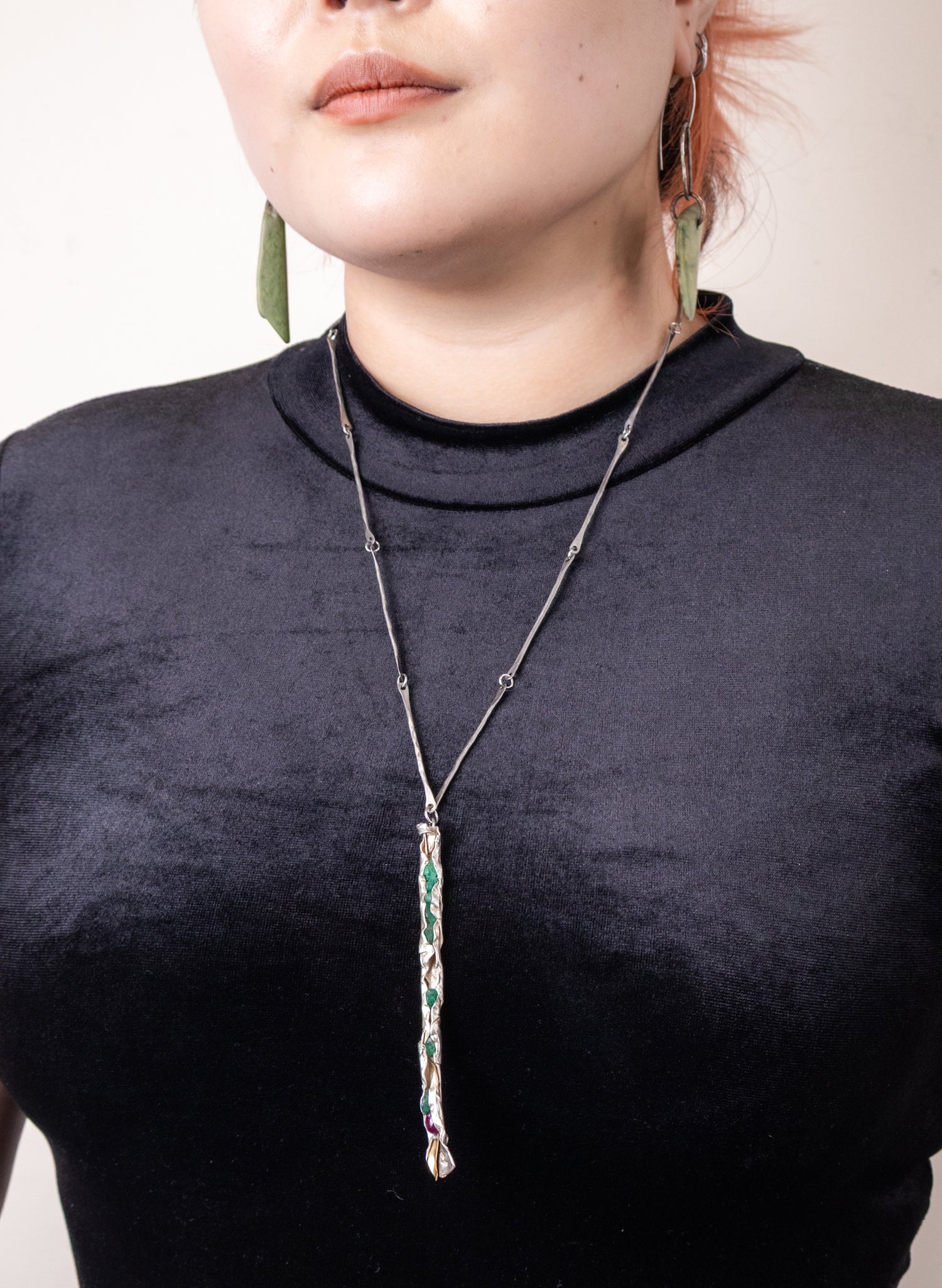 Raw Emerald, Ruby and Silver Necklace