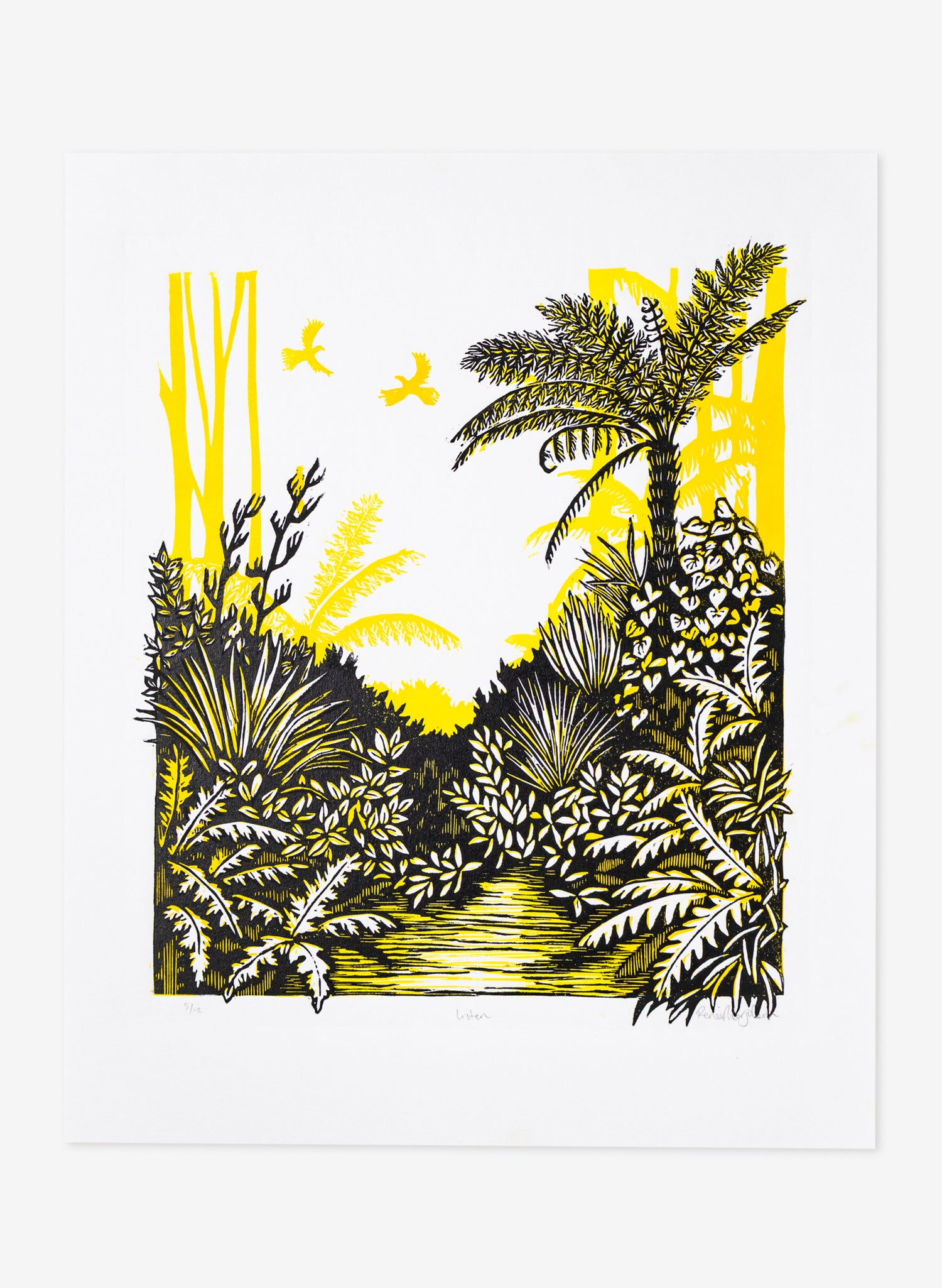 Listen (Yellow) -  Wood Cut Print