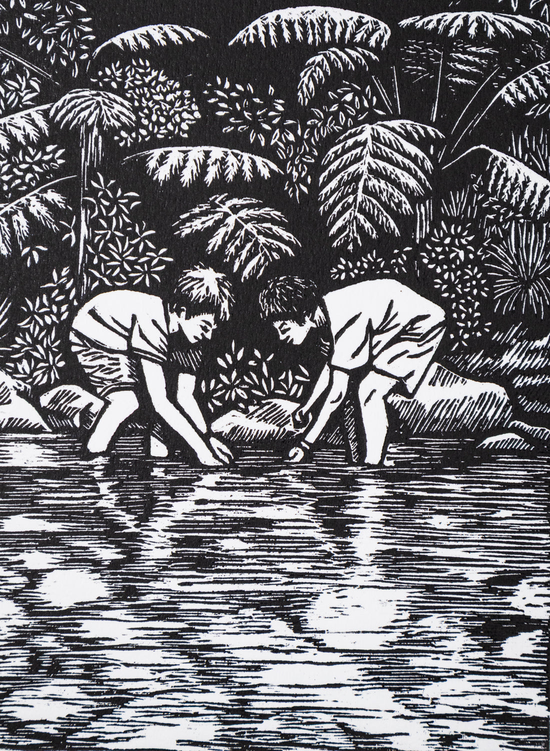 Catching Eels -  Wood Cut Print